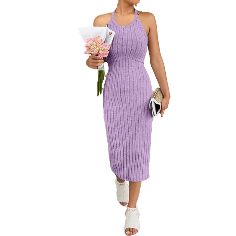 Solid Halter Neck Bodycon Midi Dress High-End Temperament Vest Halter Dress Women'S Summer New High-Waist Slim Temperament Slim