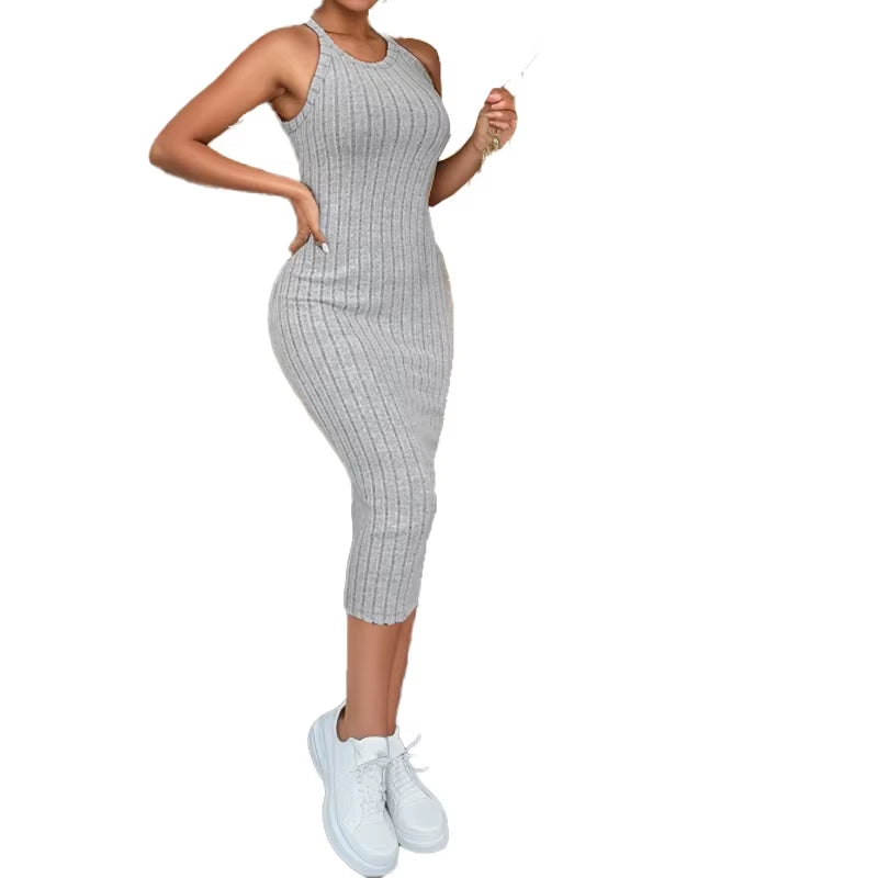 Solid Halter Neck Bodycon Midi Dress High-End Temperament Vest Halter Dress Women'S Summer New High-Waist Slim Temperament Slim