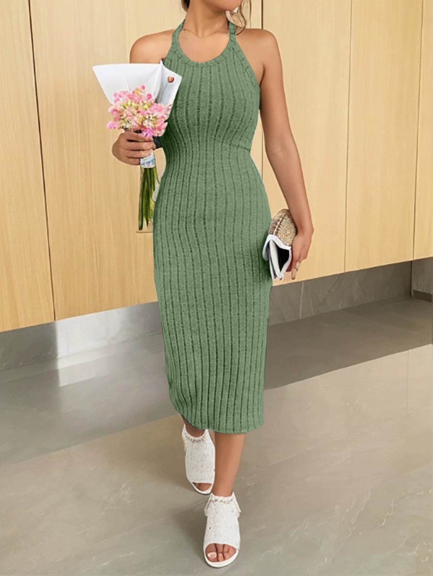 Solid Halter Neck Bodycon Midi Dress High-End Temperament Vest Halter Dress Women'S Summer New High-Waist Slim Temperament Slim